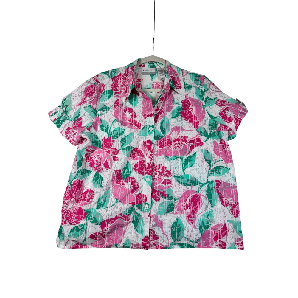 Alfred Dunner Petite Floral Print Button Down Short Sleeve Shirt Light Weight